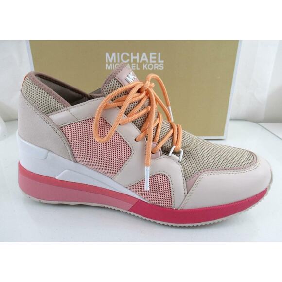 Michael Kors Liv Trainer Wedge Sneakers Lace Up Beige Light Sand / Pink - Picture 1 of 7